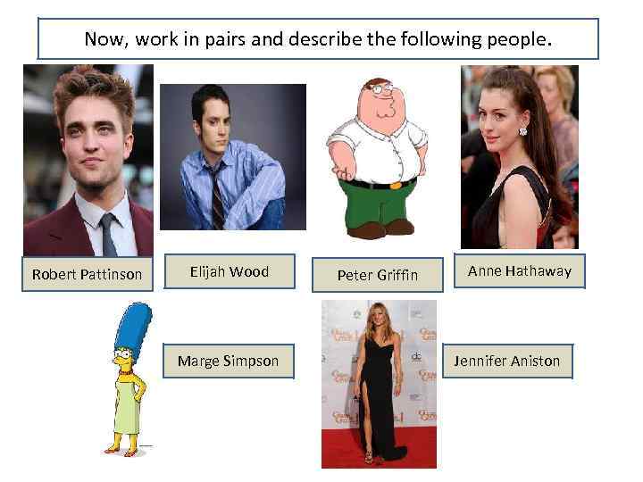 Now, work in pairs and describe the following people. Robert Pattinson Elijah Wood Marge