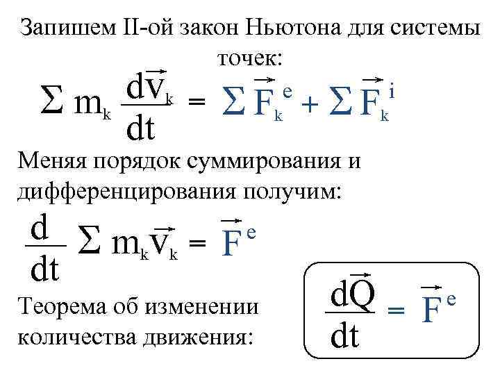 Запишем ІІ-ой закон Ньютона для системы точек: dvk = S F e + S