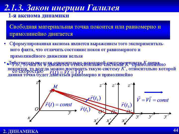 2. 1. 3. Закон инерции Галилея 1 -я аксиома динамики Свободная материальная точка покоится