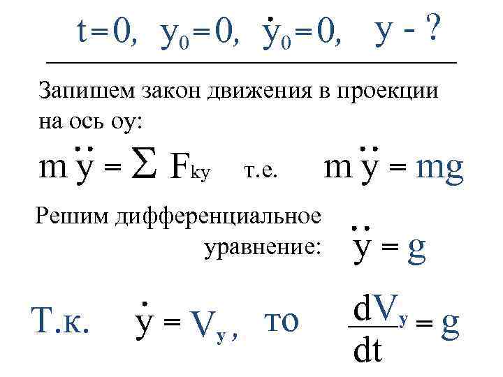 t = 0, y 0 = 0, y - ? Запишем закон движения в