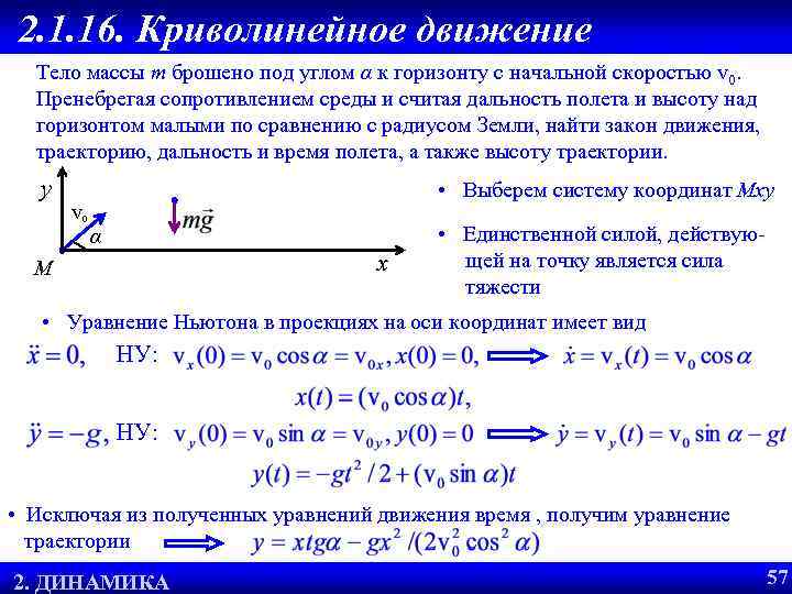 2. 1. 16. Криволинейное движение Тело массы m брошено под углом α к горизонту