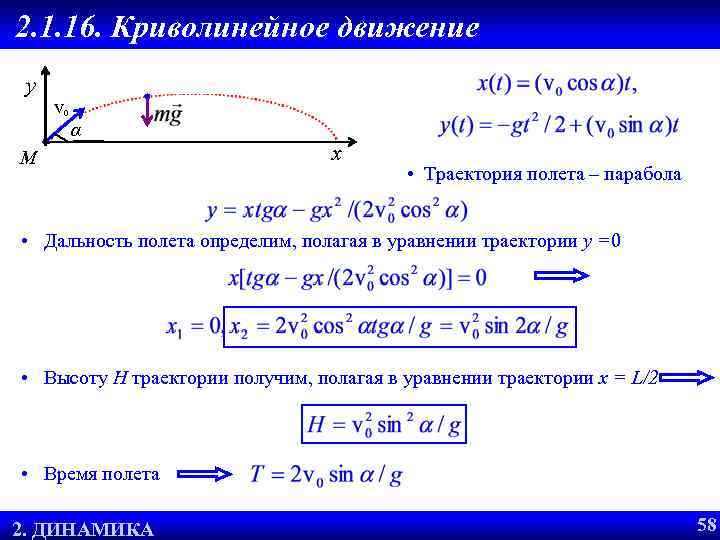 2. 1. 16. Криволинейное движение у v 0 α М х • Траектория полета