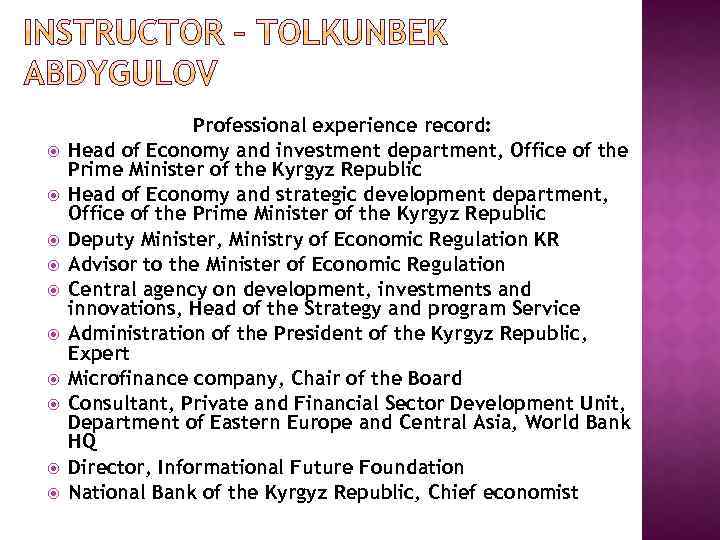  Professional experience record: Head of Economy and investment department, Office of the Prime