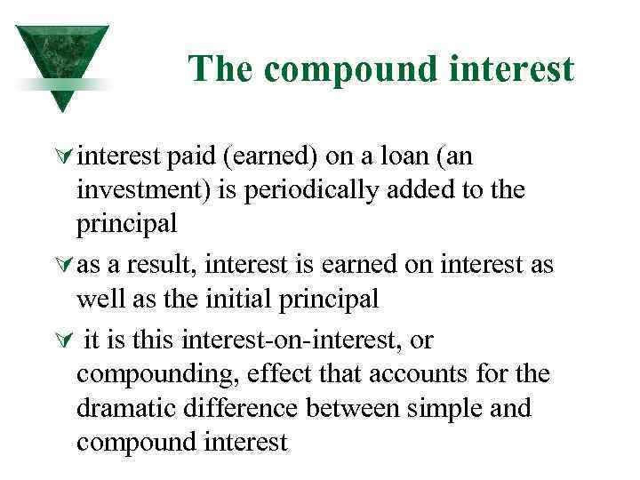 The compound interest Ú interest paid (earned) on a loan (an investment) is periodically