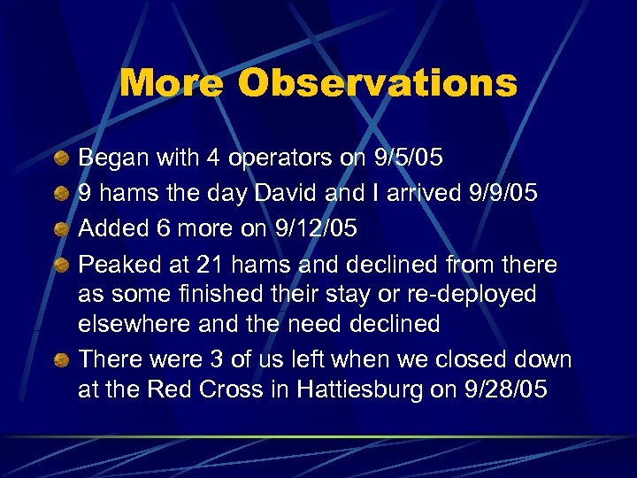 More Observations Began with 4 operators on 9/5/05 9 hams the day David and