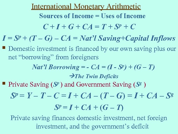 International Monetary Arithmetic Sources of Income = Uses of Income C + I +