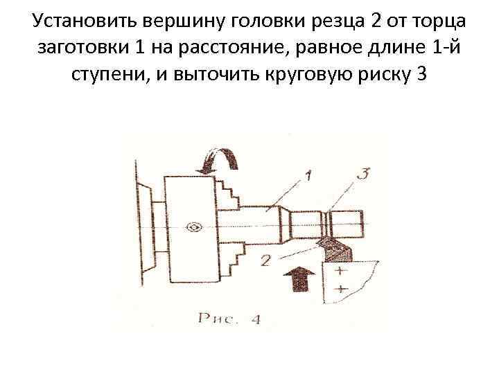 Установить вершину головки резца 2 от торца заготовки 1 на расстояние, равное длине 1