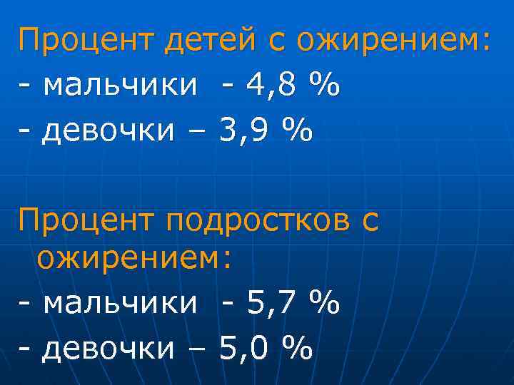 Процент детей с ожирением: - мальчики - 4, 8 % - девочки – 3,