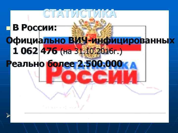 СТАТИСТИКА n. В России: Официально ВИЧ-инфицированных 1 062 476 (на 31. 10. 2016 г.