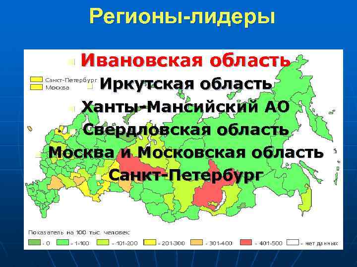 Регионы-лидеры n Ивановская область Иркутская область n Ханты-Мансийский АО n Свердловская область Москва и