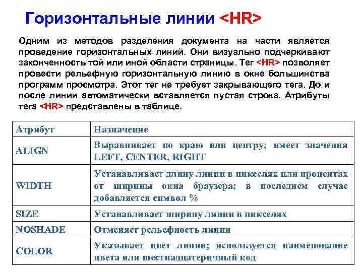 Горизонтальные линии <HR> Одним из методов разделения документа на части является проведение горизонтальных линий.