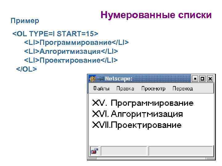 Пример Нумерованные списки <OL TYPE=I START=15> <LI>Программирование</LI> <LI>Алгоритмизация</LI> <LI>Проектирование</LI> </OL> 