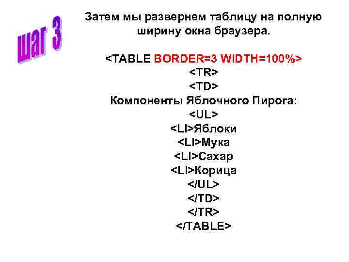 Затем мы развернем таблицу на полную ширину окна браузера. <TABLE BORDER=3 WIDTH=100%> <TR> <TD>