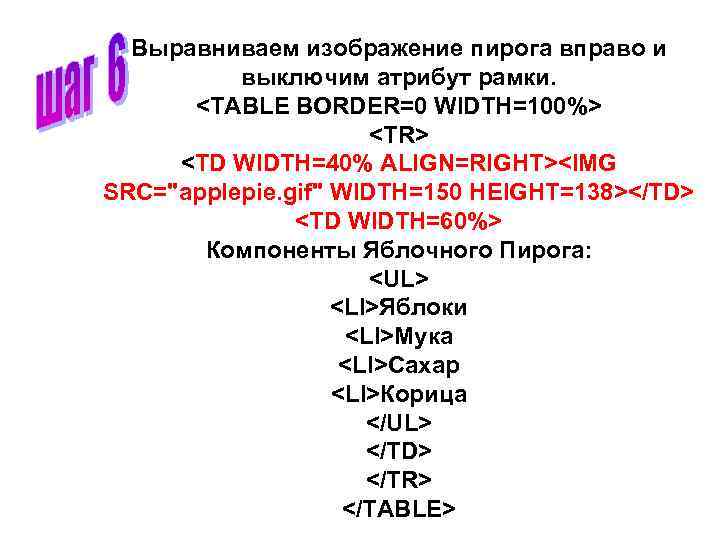 Выравниваем изображение пирога вправо и выключим атрибут рамки. <TABLE BORDER=0 WIDTH=100%> <TR> <TD WIDTH=40%