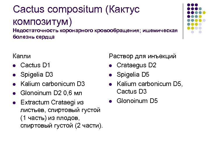 Cactus compositum (Кактус композитум) Недостаточность коронарного кровообращения; ишемическая болезнь сердца Капли Раствор для инъекций