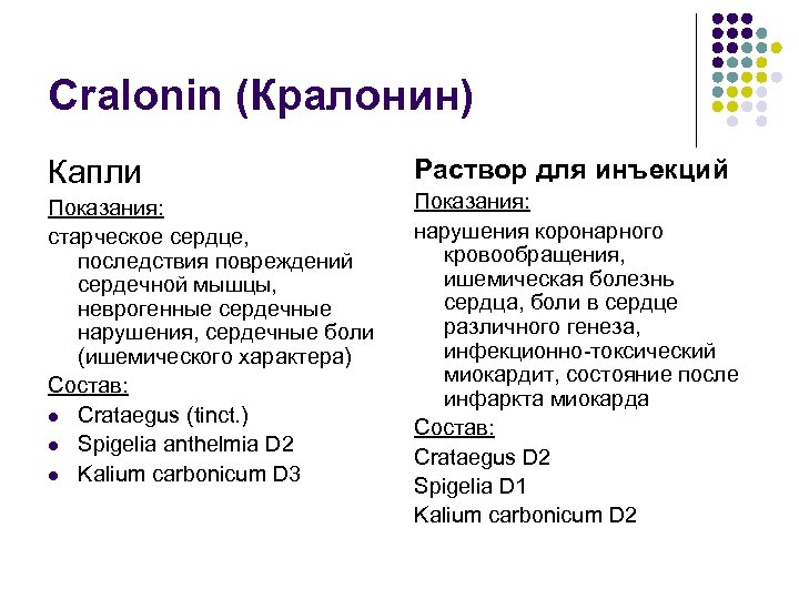 Cralonin (Кралонин) Капли Показания: старческое сердце, последствия повреждений сердечной мышцы, неврогенные сердечные нарушения, сердечные