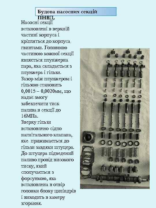 Будова насосних секцій ПНВД. Насосні секції встановлені в верхній частині корпуса і кріпляться до