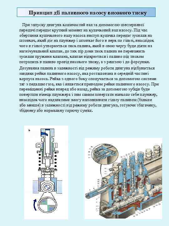 Принцип дії паливного насосу високого тиску При запуску двигуна колінчастий вал за допомогою шестерневої