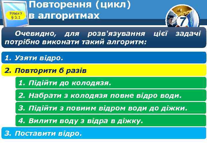 Розділ 3 § 3. 1 Повторення (цикл) в алгоритмах Очевидно, для розв'язування цієї потрібно