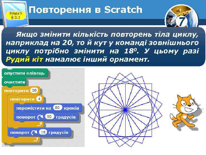 Розділ 3 § 3. 1 Повторення в Scratch 7 Якщо змінити кількість повторень тіла