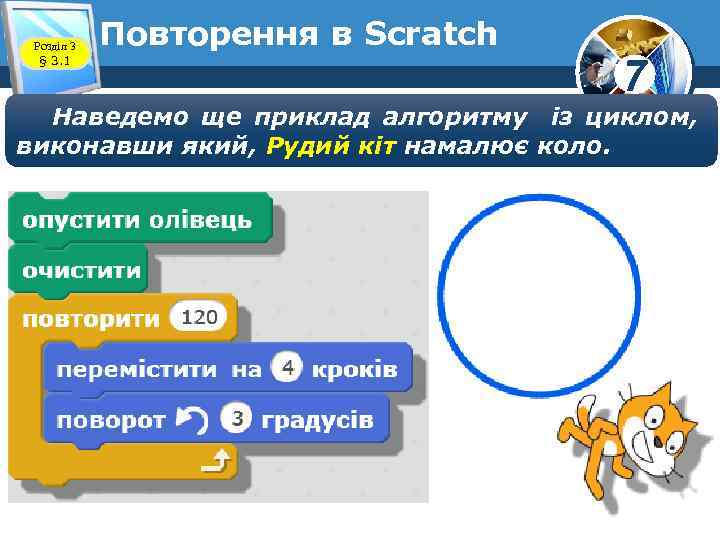 Розділ 3 § 3. 1 Повторення в Scratch 7 Наведемо ще приклад алгоритму із