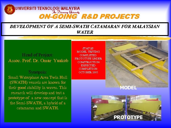 ON-GOING R&D PROJECTS DEVELOPMENT OF A SEMI-SWATH CATAMARAN FOR MALAYSIAN WATER Head of Project: