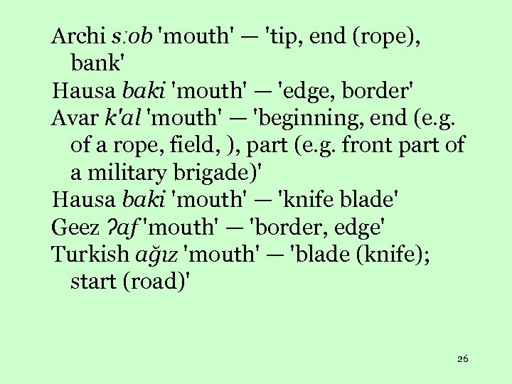 Archi sːob 'mouth' — 'tip, end (rope), bank' Hausa baki 'mouth' — 'edge, border'