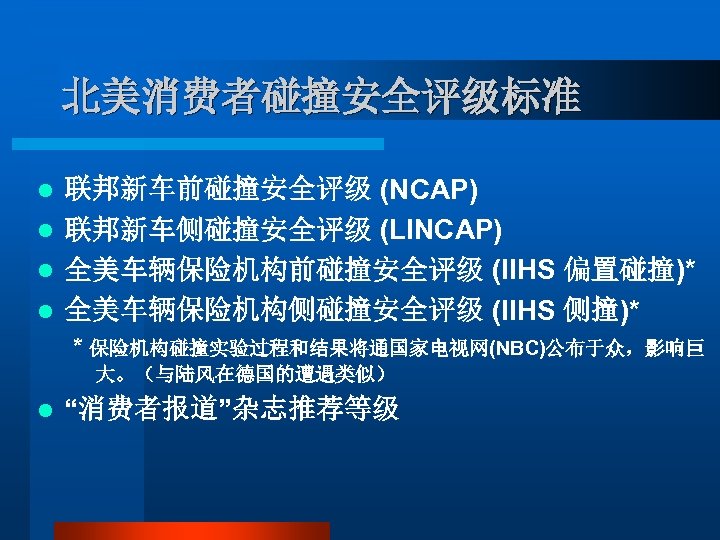 北美消费者碰撞安全评级标准 联邦新车前碰撞安全评级 (NCAP) l 联邦新车侧碰撞安全评级 (LINCAP) l 全美车辆保险机构前碰撞安全评级 (IIHS 偏置碰撞)* l 全美车辆保险机构侧碰撞安全评级 (IIHS 侧撞)*