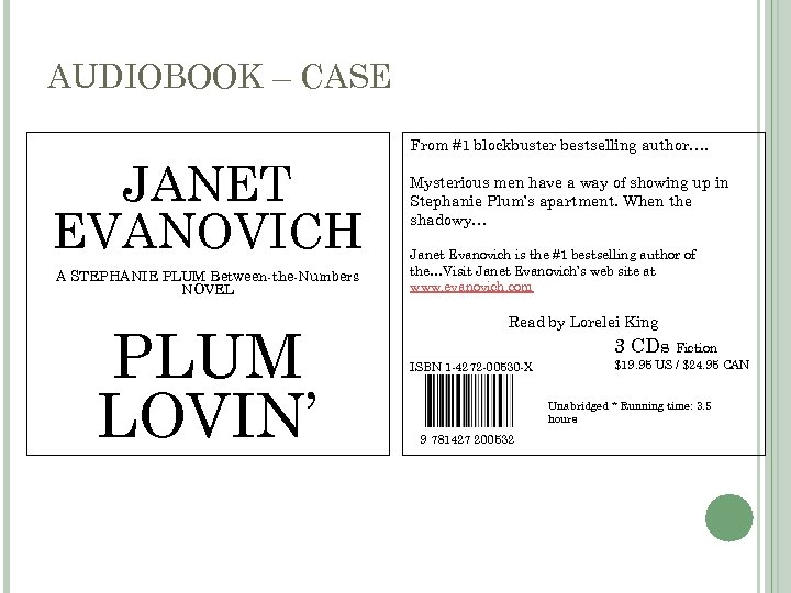 AUDIOBOOK – CASE JANET EVANOVICH A STEPHANIE PLUM Between-the-Numbers NOVEL PLUM LOVIN’ From #1