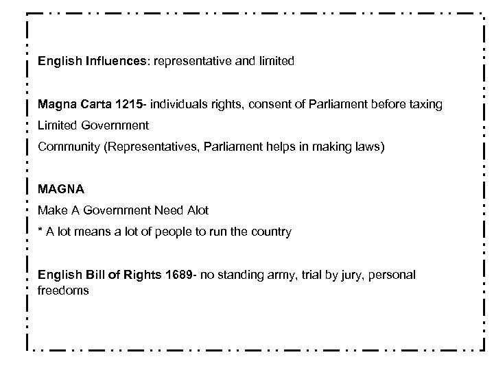 English Influences: representative and limited Magna Carta 1215 - individuals rights, consent of Parliament