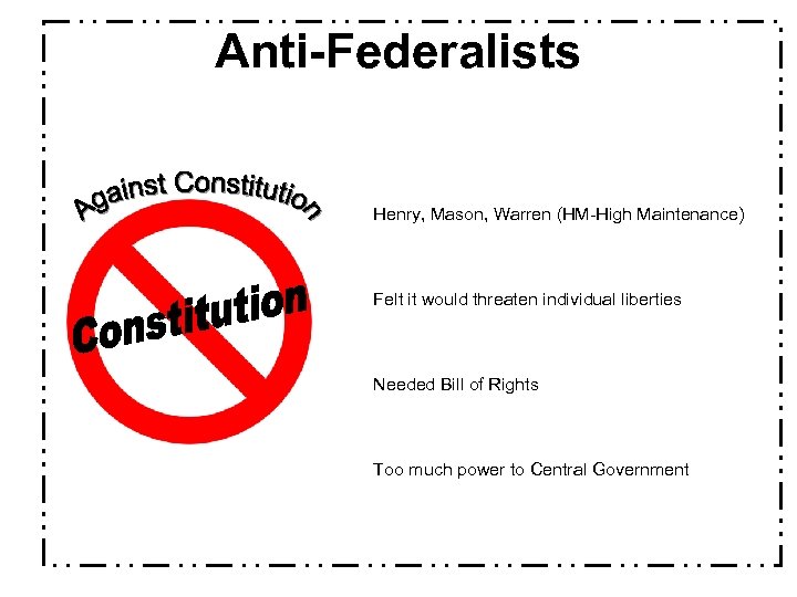 Anti-Federalists Henry, Mason, Warren (HM-High Maintenance) Felt it would threaten individual liberties Needed Bill