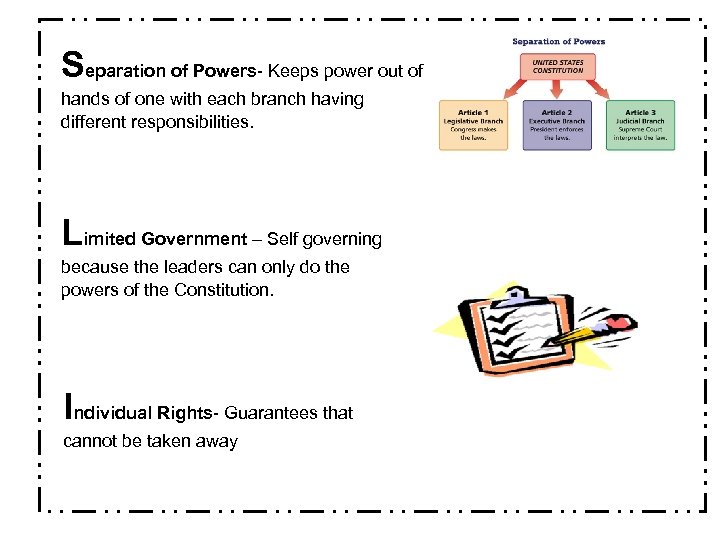 Separation of Powers- Keeps power out of hands of one with each branch having