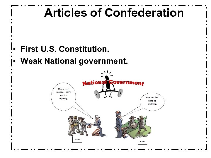 Articles of Confederation • First U. S. Constitution. • Weak National government. 