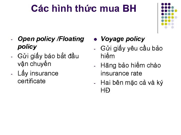 Các hình thức mua BH Open policy /Floating policy Gửi giấy báo bắt đầu