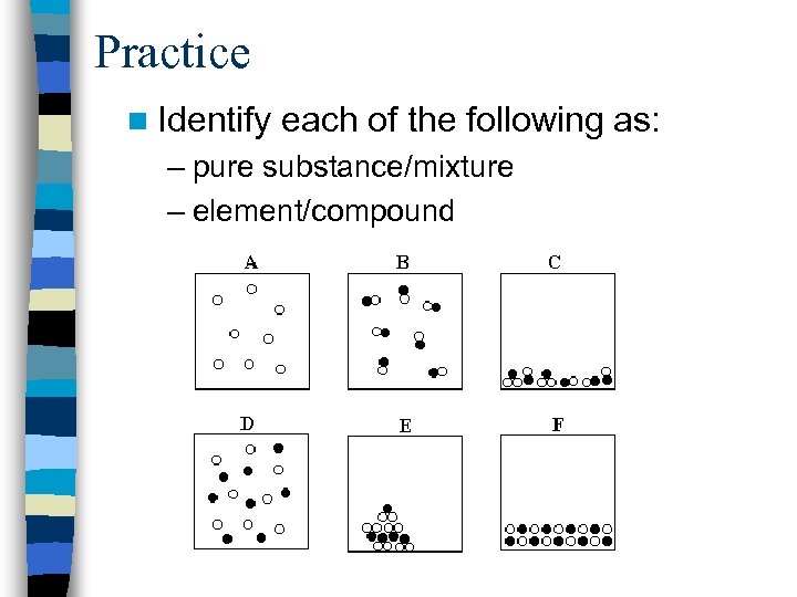 Practice n Identify each of the following as: – pure substance/mixture – element/compound 