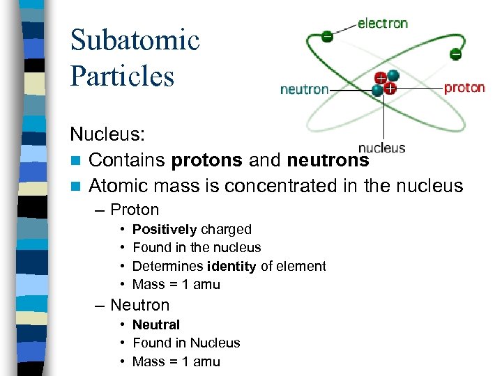 Subatomic Particles Nucleus: n Contains protons and neutrons n Atomic mass is concentrated in