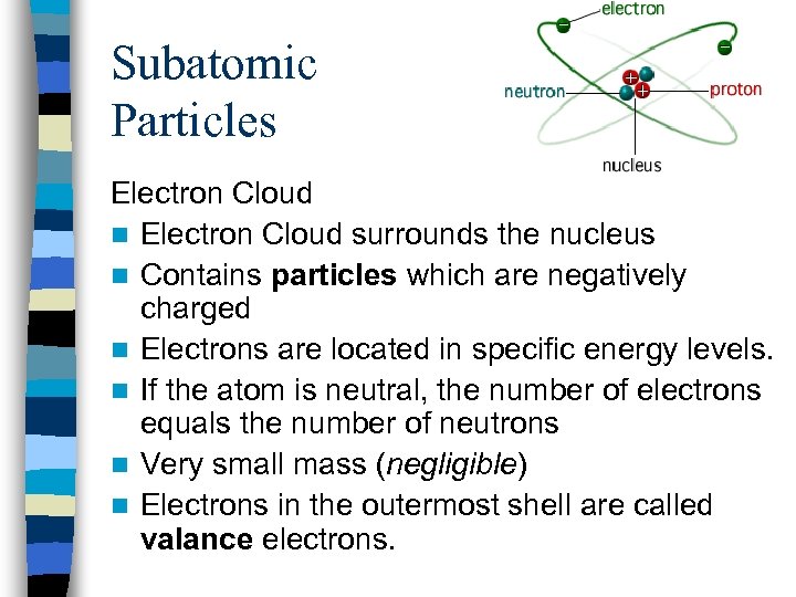 Subatomic Particles Electron Cloud n Electron Cloud surrounds the nucleus n Contains particles which