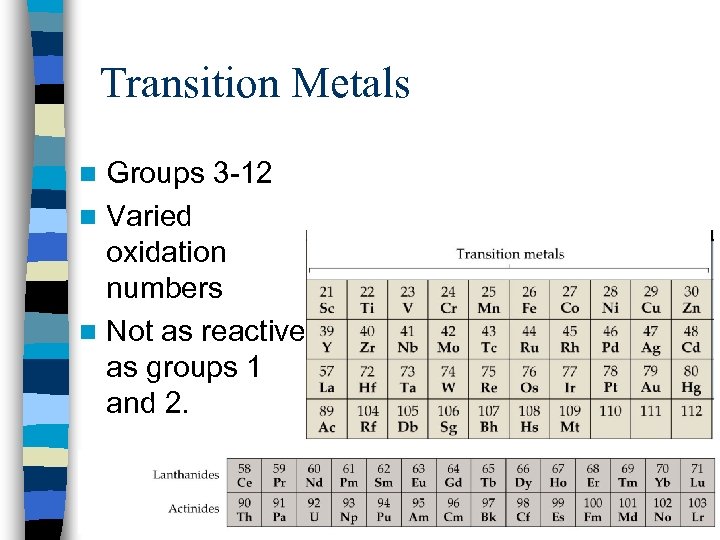 Transition Metals Groups 3 -12 n Varied oxidation numbers n Not as reactive as