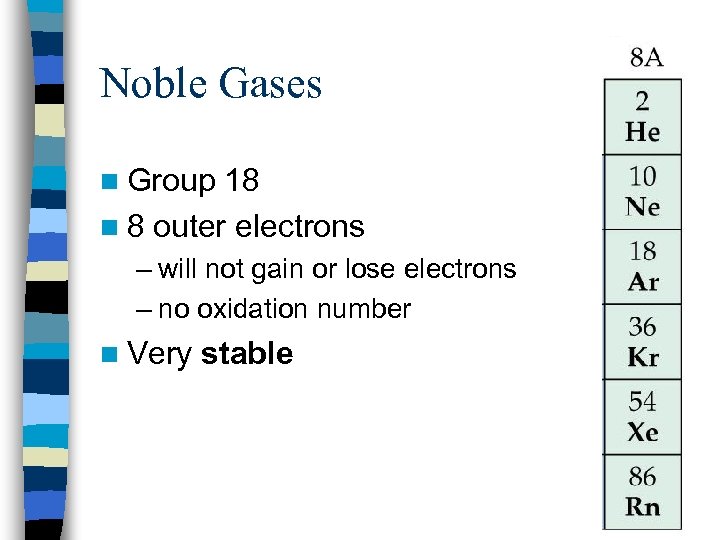 Noble Gases n Group 18 n 8 outer electrons – will not gain or