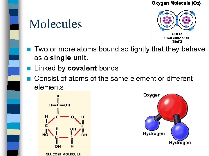 Molecules Two or more atoms bound so tightly that they behave as a single