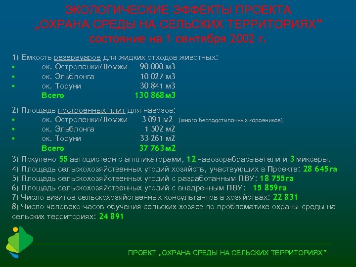 ЭКОЛОГИЧЕСКИЕ ЭФФЕКТЫ ПРОЕКТА „ОХРАНА СРЕДЫ НА СЕЛЬСКИХ ТЕРРИТОРИЯХ” состояние на 1 сентября 2002 г.