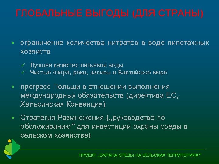 ГЛОБАЛЬНЫЕ ВЫГОДЫ (ДЛЯ СТРАНЫ) § ограничение количества нитратов в воде пилотажных хозяйств ü ü
