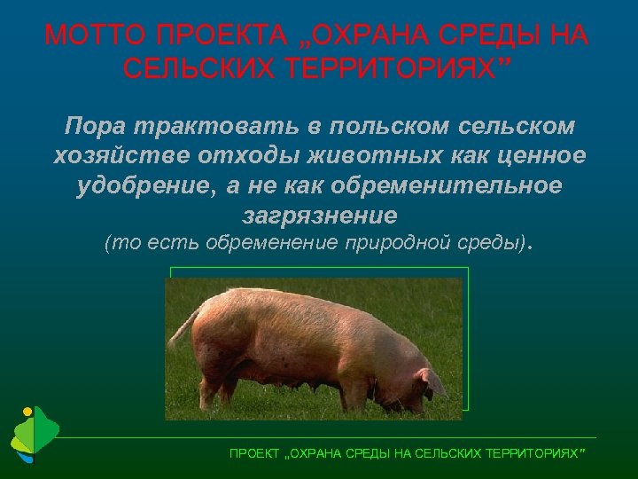 МОТТО ПРОЕКТА „ОХРАНА СРЕДЫ НА СЕЛЬСКИХ ТЕРРИТОРИЯХ” Пора трактовать в польском сельском хозяйстве отходы