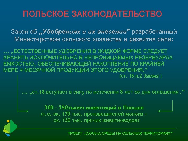 ПОЛЬСКОЕ ЗАКОНОДАТЕЛЬСТВО Закон об „Удобрениях и их внесении” разработанный Министерством сельского хозяйства и развития