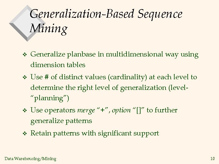 Generalization-Based Sequence Mining v Generalize planbase in multidimensional way using dimension tables v Use