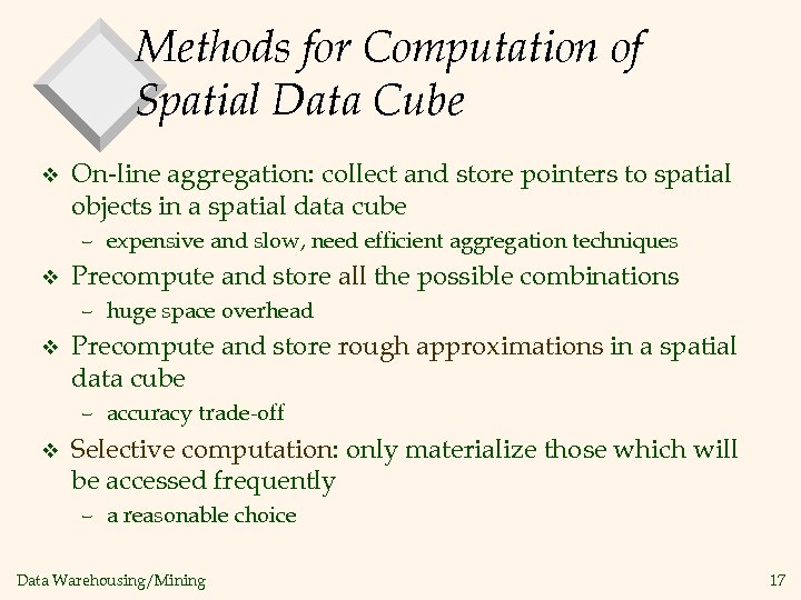 Methods for Computation of Spatial Data Cube v On-line aggregation: collect and store pointers