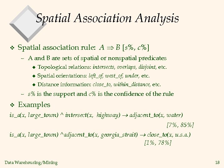 Spatial Association Analysis v Spatial association rule: A B [s%, c%] – A and