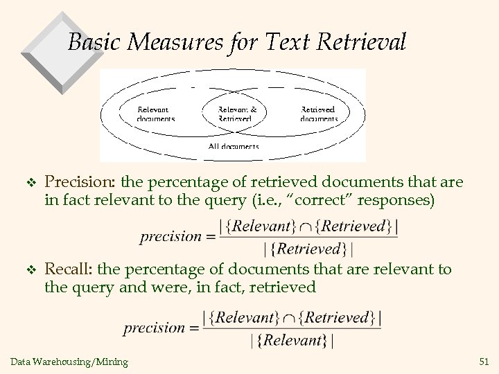 Basic Measures for Text Retrieval v Precision: the percentage of retrieved documents that are