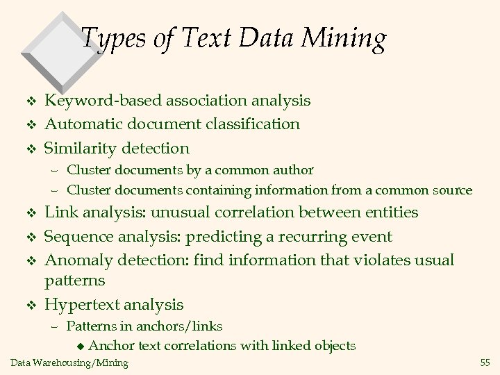 Types of Text Data Mining v v v Keyword-based association analysis Automatic document classification