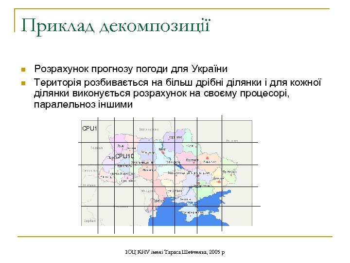 Приклад декомпозиції n n Розрахунок прогнозу погоди для України Територія розбивається на більш дрібні